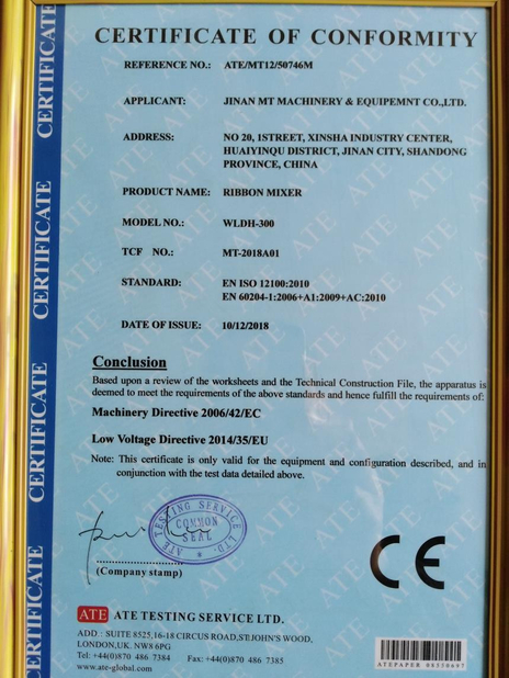 چین Jinan MT Machinery &amp; Equipment Co., Ltd. گواهینامه ها